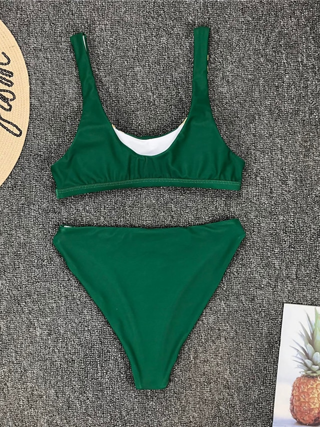 Womens Clothing Womens Swimwear | Womens Swimwear Bikini 2 Piece Normal Swimsuit Open Back Printing Leaves Green White Black Blu