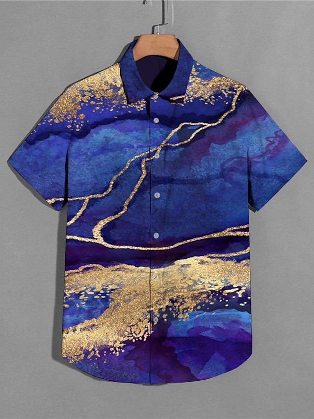  Men's Summer Hawaiian Shirt Shirt 3D Print Marble Turndown Street Casual Button-Down Print Short Sleeve Tops Designer Casual Fashion Breathable Blue