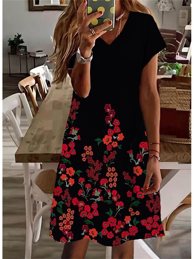 Womens Clothing Womens Dresses | Womens Shift Dress Knee Length Dress Black Short Sleeve Floral Print Spring Summer V Neck Styli