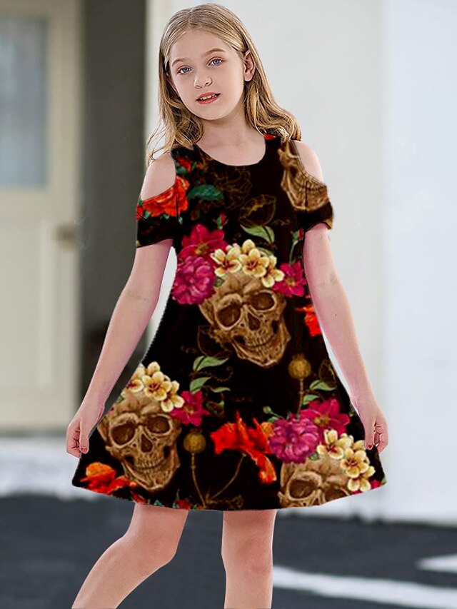 Baby & Kids Girls Clothing | Kids Little Girls Dress Floral Skull A Line Dress Daily Holiday Vacation Print Black Above Knee Sho