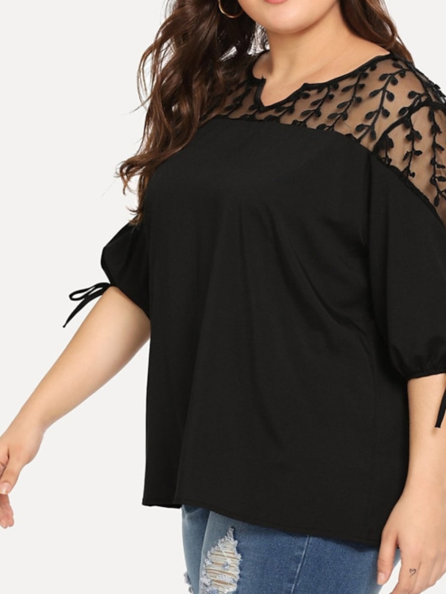 Womens Clothing Plus Size Collection | Womens Plus Size Tops T shirt Plain Lace 3/4 Length Sleeve V Neck Basic Streetwear Daily 