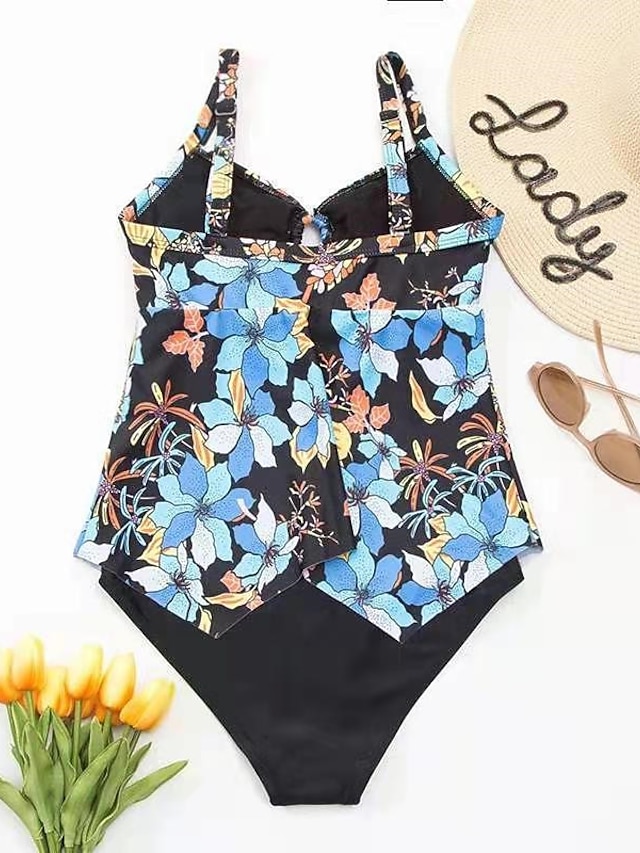 Womens Clothing Womens Swimwear | Womens Swimwear One Piece Monokini Bathing Suits Normal Swimsuit Open Back Printing Floral Bla