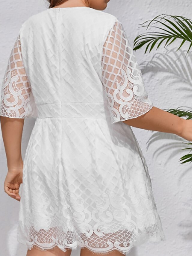 Womens Clothing Plus Size Collection | Womens Plus Size A Line Dress Solid Color V Neck Lace Short Sleeve Spring Summer Casual S