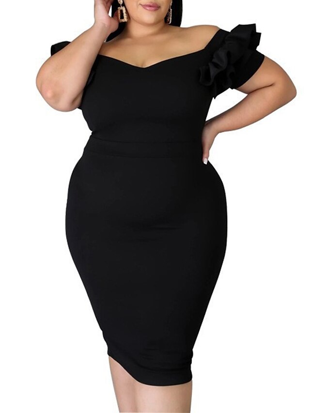 Womens Clothing Plus Size Collection | Womens Plus Size Sheath Dress Solid Color Off Shoulder Ruffle Short Sleeve Spring Summer 