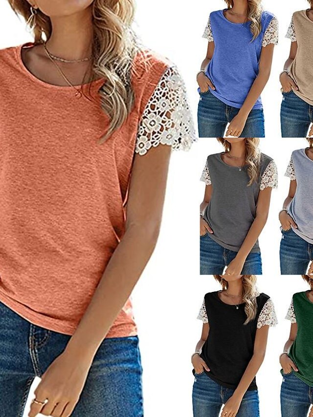 Women's Lace Short Sleeve T Shirt Blouse Ladies Casual Round Neck Plain Tee Tops
