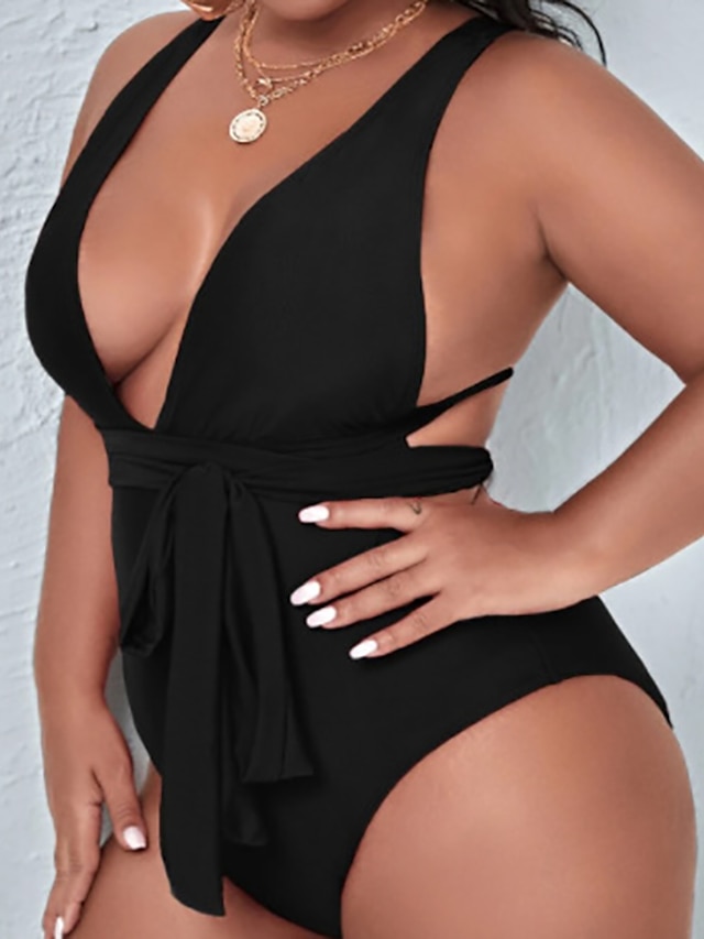 Womens Clothing Womens Swimwear | Womens Swimwear One Piece Monokini Bathing Suits Plus Size Swimsuit Open Back Pure Color Black