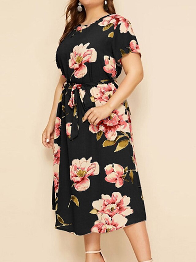 Womens Clothing Plus Size Collection | Womens Plus Size A Line Dress Floral Round Neck Print Short Sleeve Spring Summer Work Cas