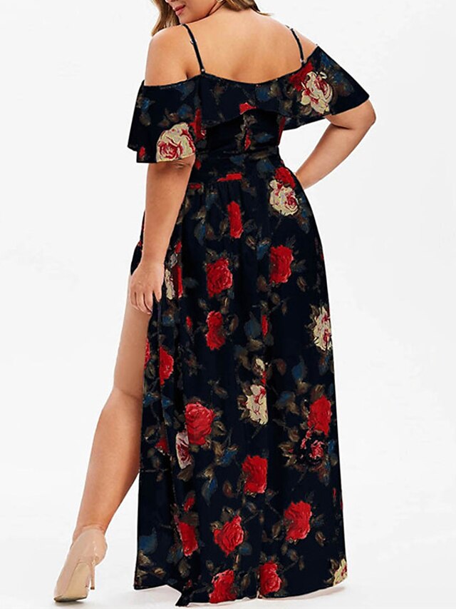 Womens Clothing Plus Size Collection | Womens Plus Size A Line Dress Floral Off Shoulder Print Short Sleeve Spring Summer Sexy M