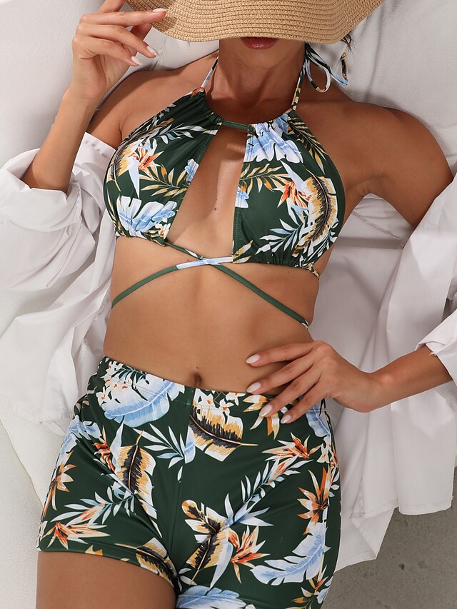 Womens Clothing Womens Swimwear | Womens Swimwear Bikini 2 Piece Normal Swimsuit Backless Printing Hole Floral Leaf Green Halter