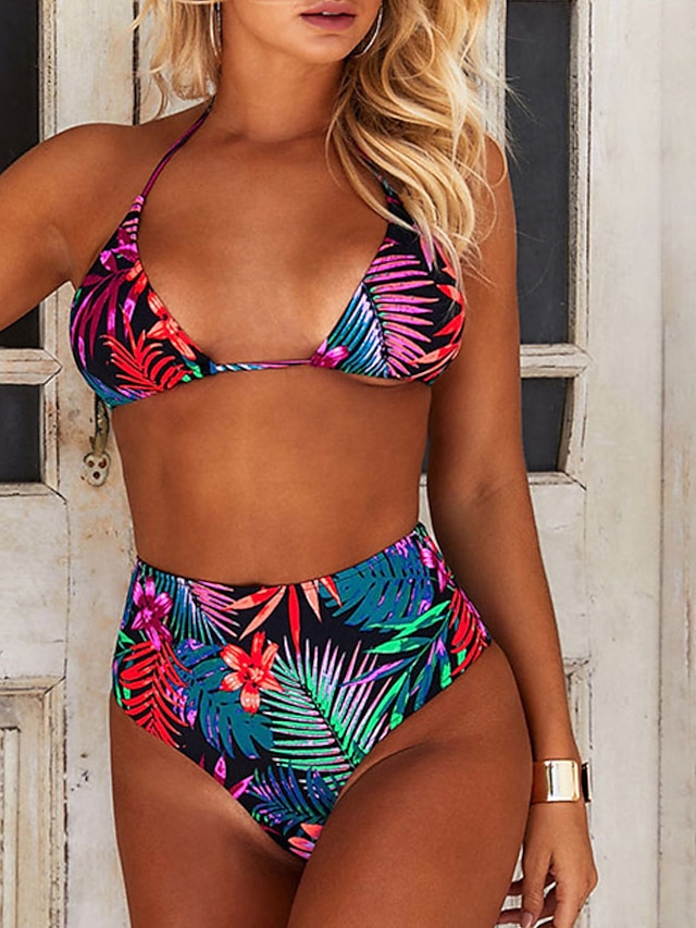 Womens Clothing Womens Swimwear | Womens Swimwear Bikini 2 Piece Normal Swimsuit 2 Piece Floral High Waist Open Back Printing Fl