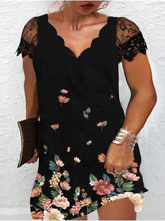 Womens Clothing Plus Size Collection | Womens Plus Size Shift Dress Floral V Neck Print Short Sleeve Spring Summer Casual Short 