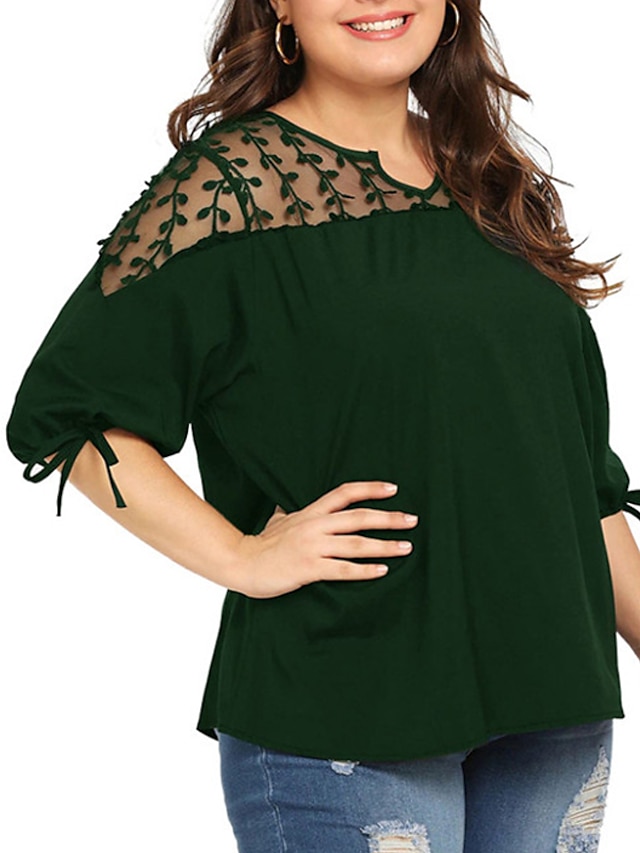 Womens Clothing Plus Size Collection | Womens Plus Size Tops T shirt Plain Lace 3/4 Length Sleeve V Neck Basic Streetwear Daily 