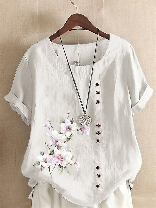  Women's Shirt Linen Shirt Blouse Cotton Linen Floral Button Print Daily Vintage Basic Holiday Short Sleeve Crew Neck White Summer Spring
