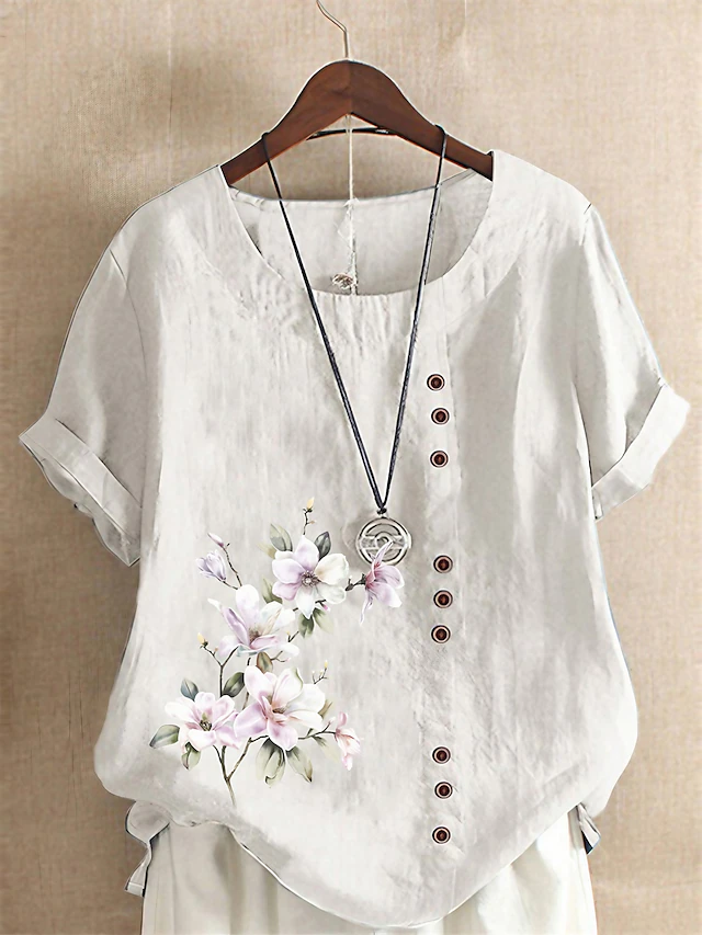 Women's 100% Shirt Blouse Floral Linen Vintage Basic Holiday Short Sleeve Crew Neck Regular Tops Daily Buttons Print White Yellow Pink Lavender Green Summer Spring 6