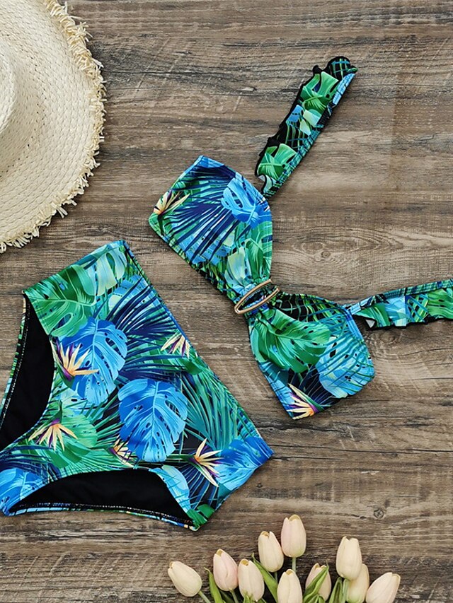 Womens Clothing Womens Swimwear | Womens Swimwear Bikini 2 Piece Normal Swimsuit Ruffle Open Back Printing Leaves Blue V Wire Ba