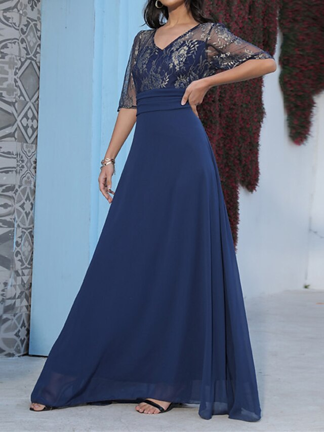 Womens Clothing Womens Dresses | Womens A Line Dress Maxi long Dress Navy Blue Half Sleeve Pure Color Lace Spring Summer V Neck 