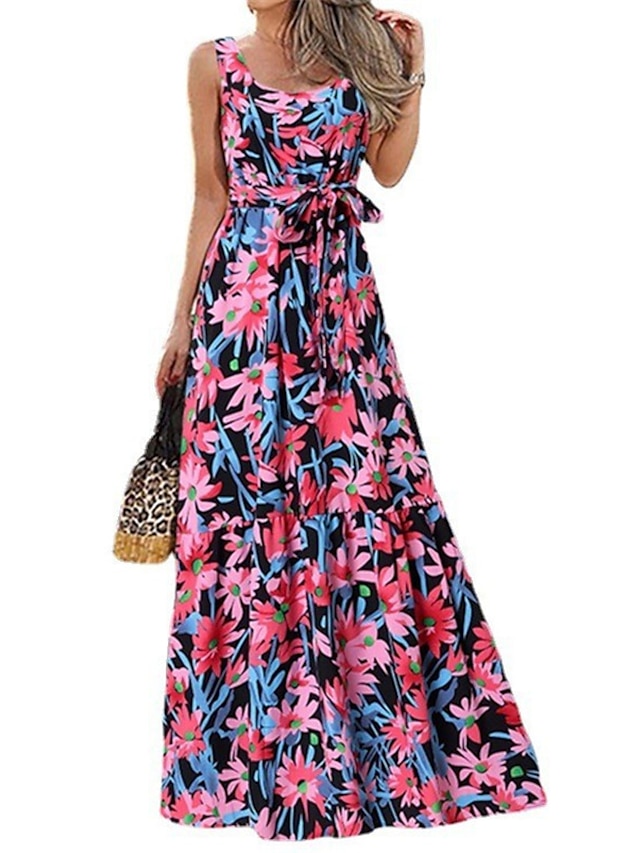 Womens Clothing Womens Dresses | Womens A Line Dress Maxi long Dress White Black Pink Red Sleeveless Floral Print Spring Summer 