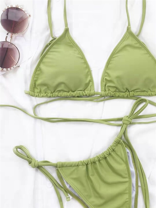 Womens Clothing Womens Swimwear | Womens Swimwear Bikini 2 Piece Normal Swimsuit Open Back string Pure Color Green Strap Bathing