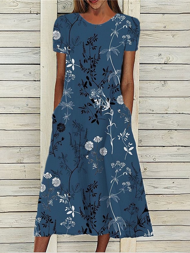 Womens Clothing Womens Dresses | Womens A Line Dress Midi Dress Blue Short Sleeve Floral Pocket Print Spring Summer Round Neck S