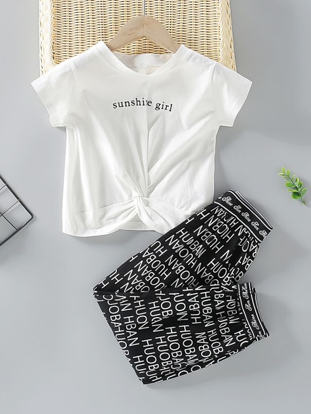 Baby & Kids Girls Clothing | Kids Girls T-shirt & Pants Clothing Set 2 Pieces Short Sleeve White Letter Print Vacation Casual Da