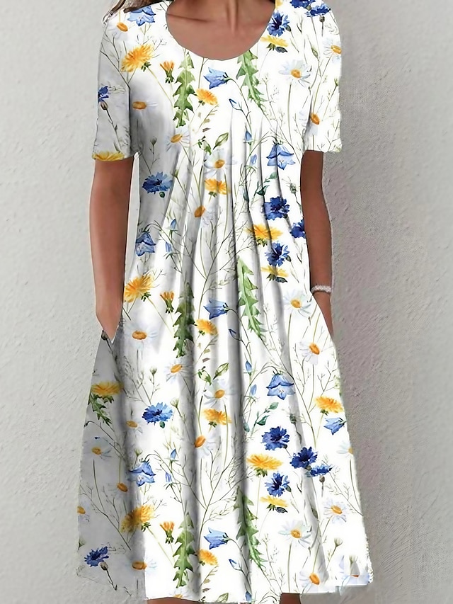 여성용 라인 드레스 미디 드레스 화이트 반팔 꽃무늬 포켓 프린트 봄 여름 라운드 넥 우아한 캐주얼 휴가 2022 3xl