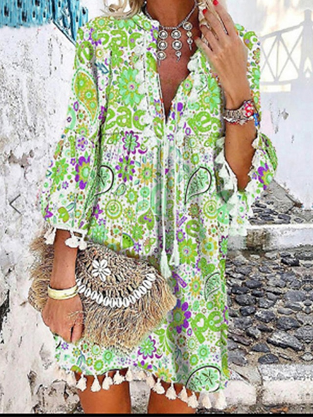 Womens Clothing Womens Dresses | Womens A Line Dress Short Mini Dress Green Blue 3/4 Length Sleeve Floral Tassel Fringe Print Sp