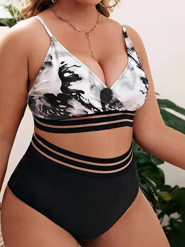 Womens Clothing Womens Swimwear | Womens Swimwear Bikini 2 Piece Plus Size Swimsuit Printing Tie Dye Black V Wire Bathing Suits 