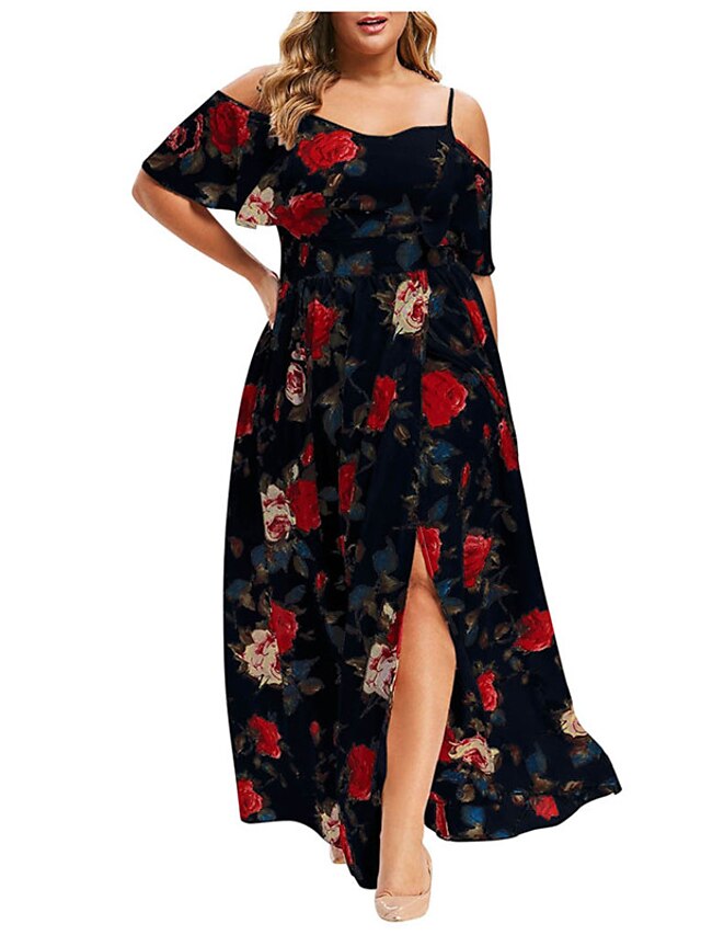 Womens Clothing Plus Size Collection | Womens Plus Size A Line Dress Floral Off Shoulder Print Short Sleeve Spring Summer Sexy M