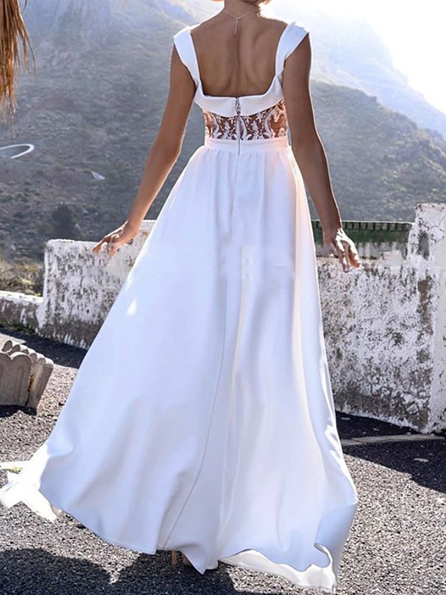 Womens Clothing Womens Dresses | Womens A Line Dress Maxi long Dress White Sleeveless Pure Color Split Lace Patchwork Summer V N