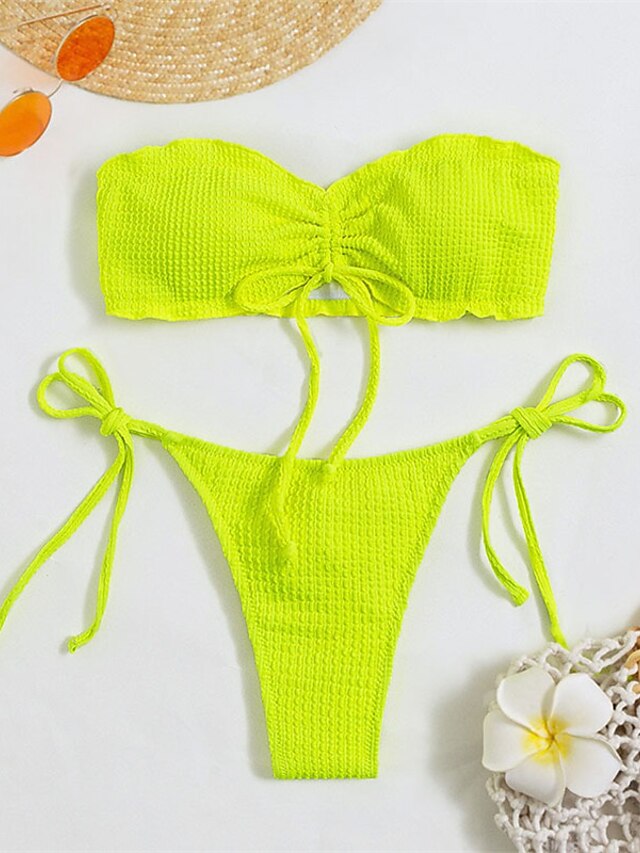 Womens Clothing Womens Swimwear | Womens Swimwear Bikini 2 Piece Normal Swimsuit Open Back string Pure Color Yellow Bandeau Stra