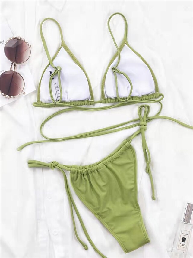 Womens Clothing Womens Swimwear | Womens Swimwear Bikini 2 Piece Normal Swimsuit Open Back string Pure Color Green Strap Bathing