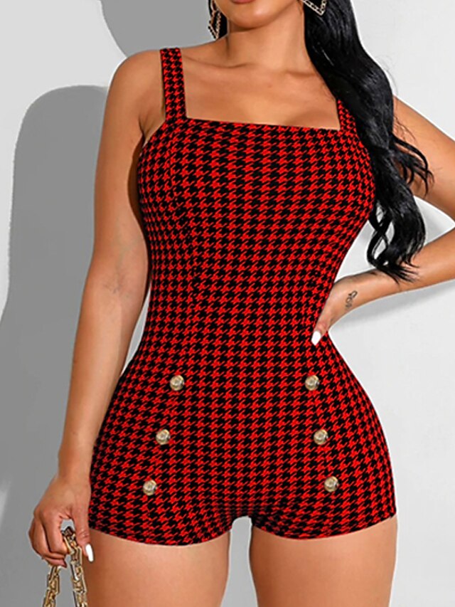 Womens Clothing Womens Jumpsuits & Rompers | Womens Romper Button Print Plaid Strap Casual Street Casual Regular Fit Sleeveless 