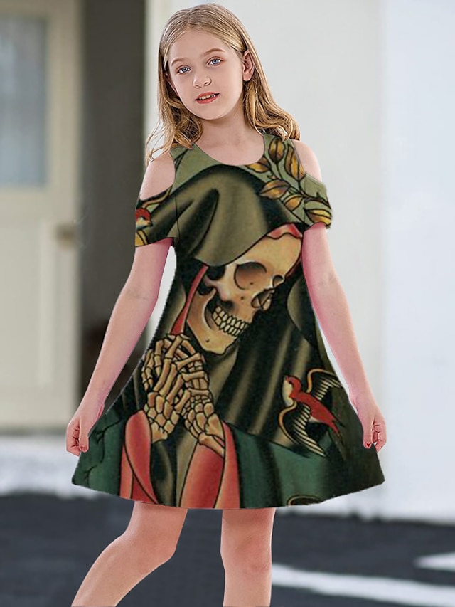 Baby & Kids Girls Clothing | Kids Little Girls Dress Skull A Line Dress Daily Holiday Vacation Print Green Above Knee Short Slee