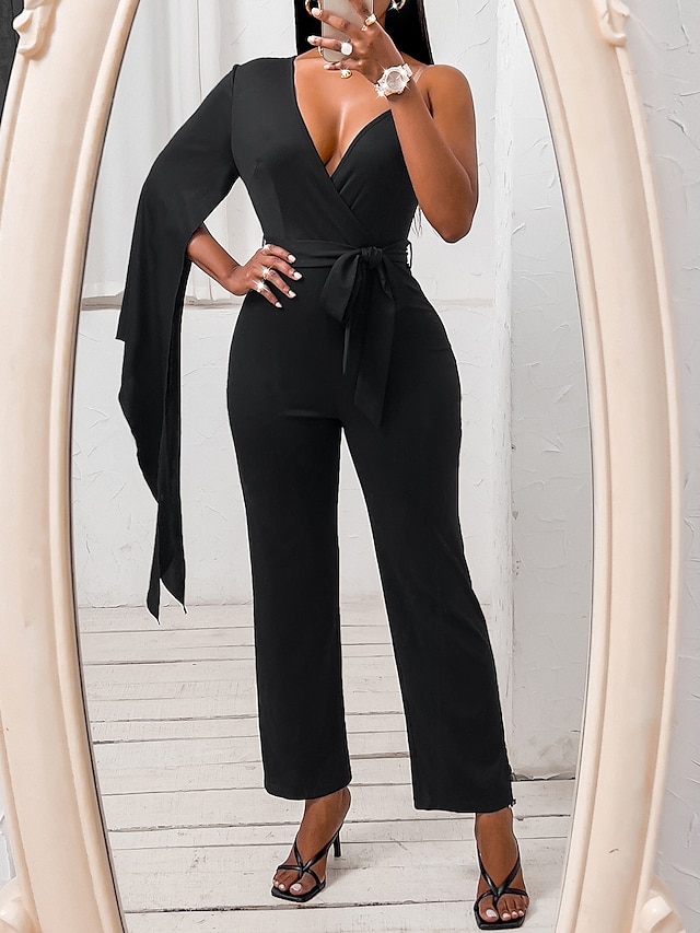 Womens Clothing Womens Jumpsuits & Rompers | Womens Jumpsuit Solid Color V Neck Streetwear Street Wide Leg Bodycon Long Sleeve C