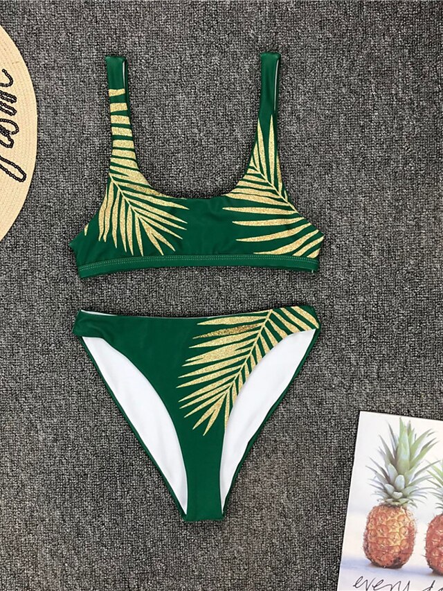 Womens Clothing Womens Swimwear | Womens Swimwear Bikini 2 Piece Normal Swimsuit Open Back Printing Leaves Green White Black Blu