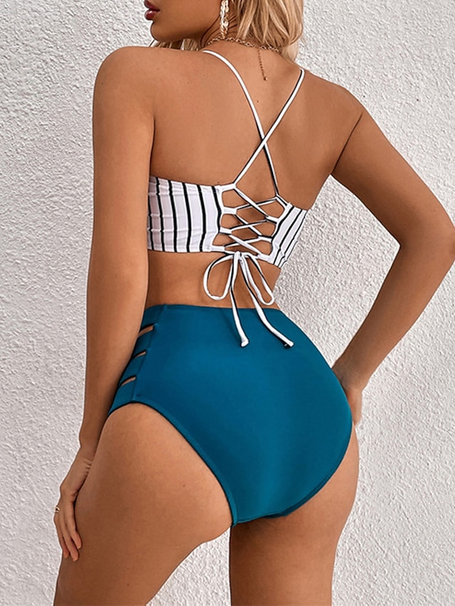 Womens Clothing Womens Swimwear | Womens Swimwear Bikini 2 Piece Normal Swimsuit Open Back Printing Striped Blue Camisole Strap 