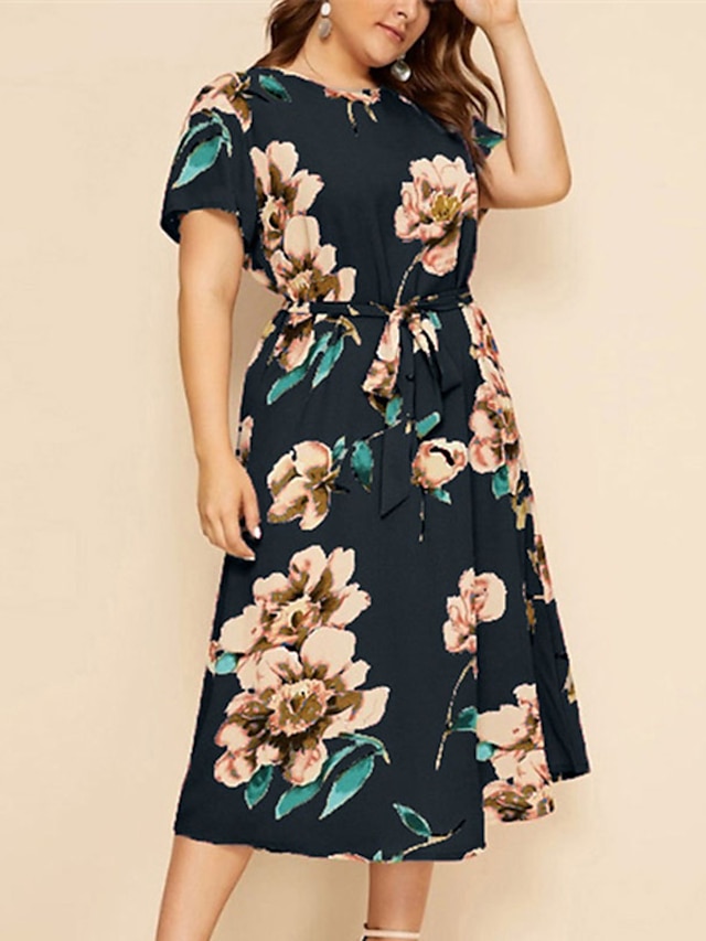 Womens Clothing Plus Size Collection | Womens Plus Size A Line Dress Floral Round Neck Print Short Sleeve Spring Summer Work Cas