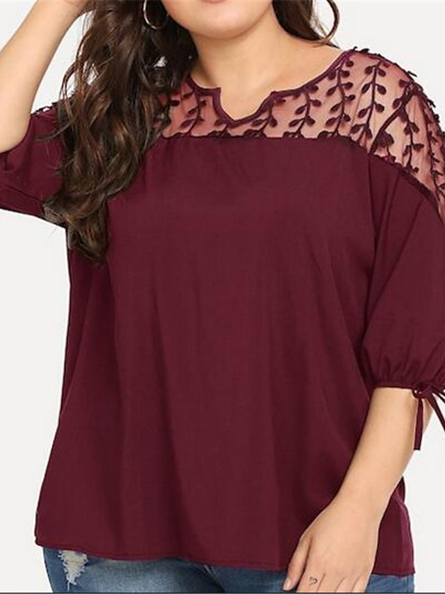 Womens Clothing Plus Size Collection | Womens Plus Size Tops T shirt Plain Lace 3/4 Length Sleeve V Neck Basic Streetwear Daily 