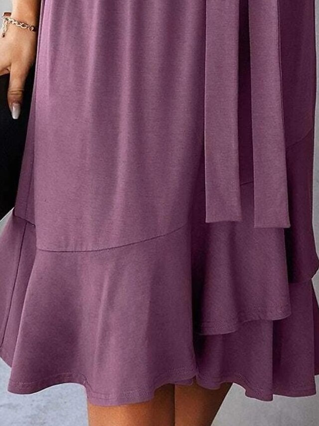 Womens Clothing Womens Dresses | Womens A Line Dress Knee Length Dress Purple Short Sleeve Solid Color Ruched Lace up Spring Sum