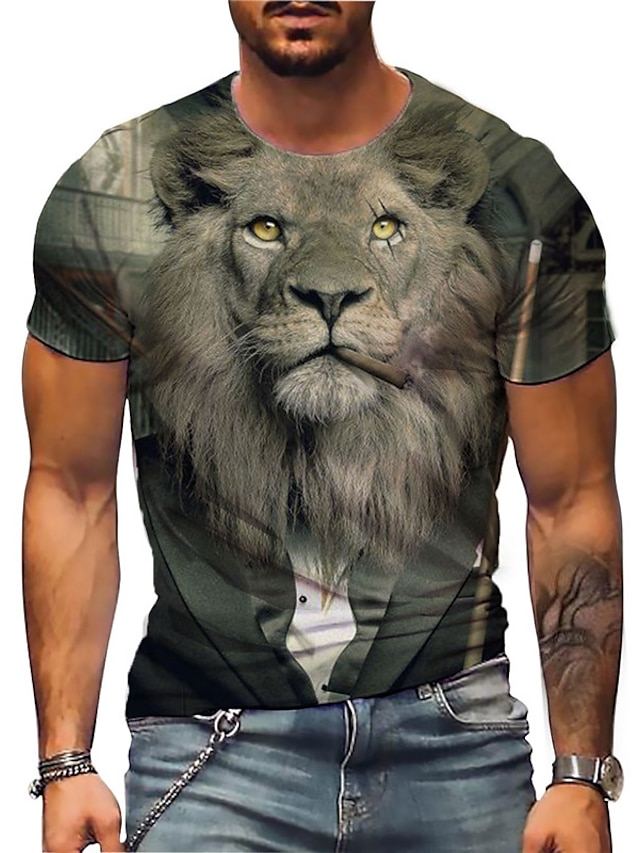  Men's Unisex T shirt 3D Print Graphic Prints Lion Animal Crew Neck Street Daily Print Short Sleeve Tops Casual Designer Big and Tall Sports Gray Brown
