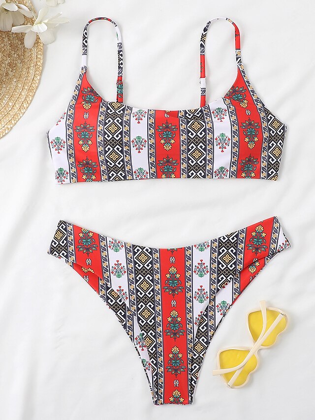 Womens Clothing Womens Swimwear | Womens Swimwear Bikini 2 Piece Normal Swimsuit Backless 2 Piece Printing string Floral Stripe 