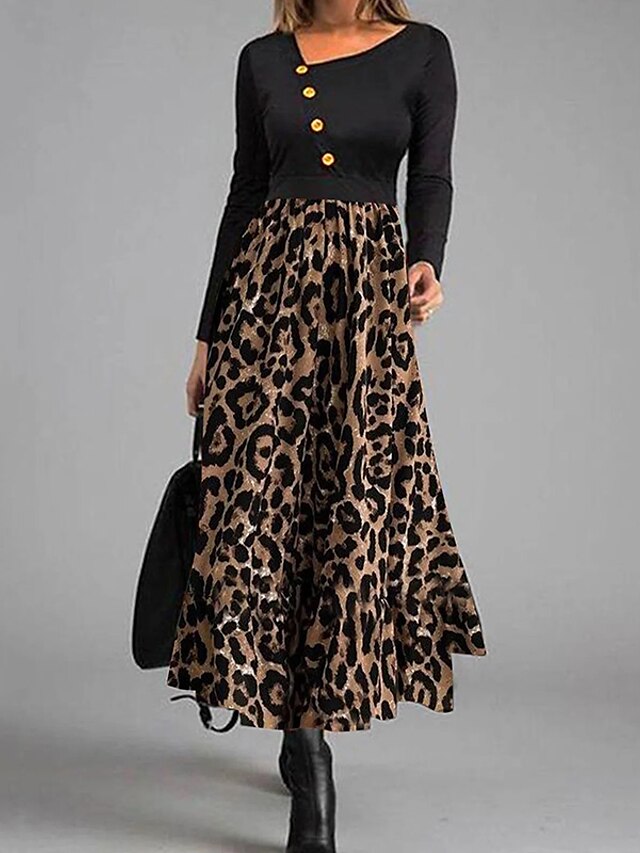 Womens Clothing Womens Dresses | Womens A Line Dress Midi Dress Black Long Sleeve Leopard Button Print Spring Summer V Neck Work