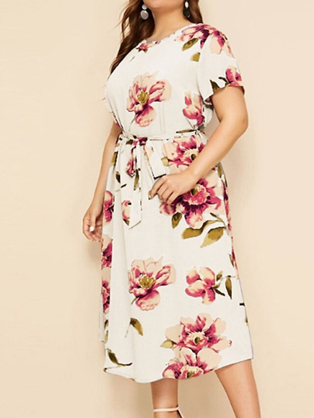 Womens Clothing Plus Size Collection | Womens Plus Size A Line Dress Floral Round Neck Print Short Sleeve Spring Summer Work Cas