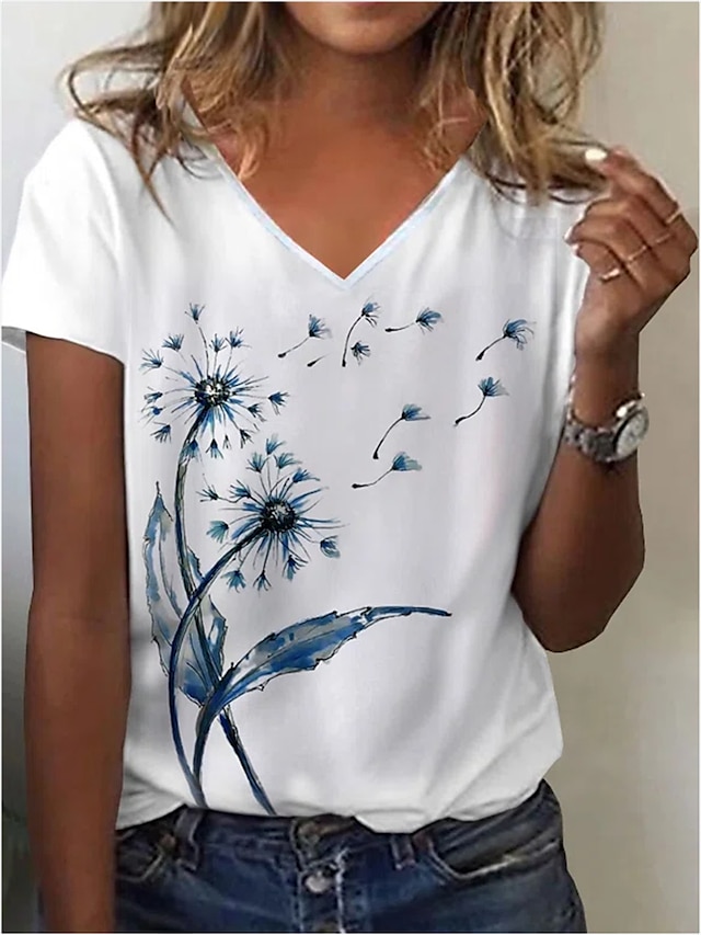  T shirt Tee Femme Blanche Fleur Patchwork Imprimer Manches Courtes Casual du quotidien basique Col V Normal Standard S / 3D effet