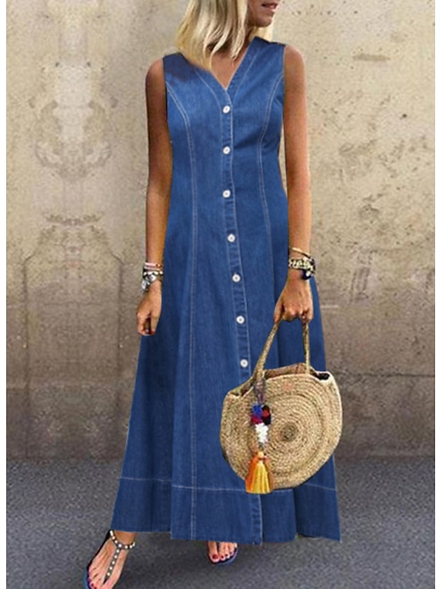 Women's Denim Dress A Line Dress Denim Shirt Dress Maxi long Dress ...