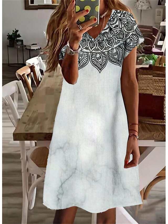 Womens Clothing Womens Dresses | Womens Shift Dress Knee Length Dress White Short Sleeve Floral Print Spring Summer V Neck Styli