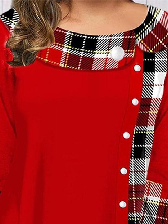 Womens Clothing Plus Size Collection | Womens Plus Size Tops Blouse Shirt Plaid Button Print Long Sleeve Crewneck Streetwear Dai