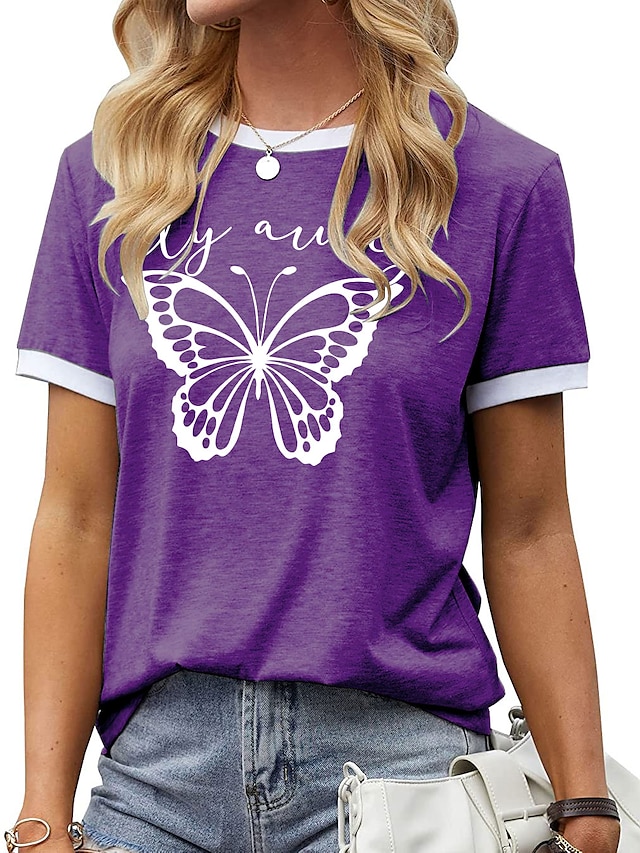 Womens Clothing Womens Tops | Womens Daily Weekend Butterfly T shirt Tee Graphic Butterfly Letter Short Sleeve Patchwork Print R