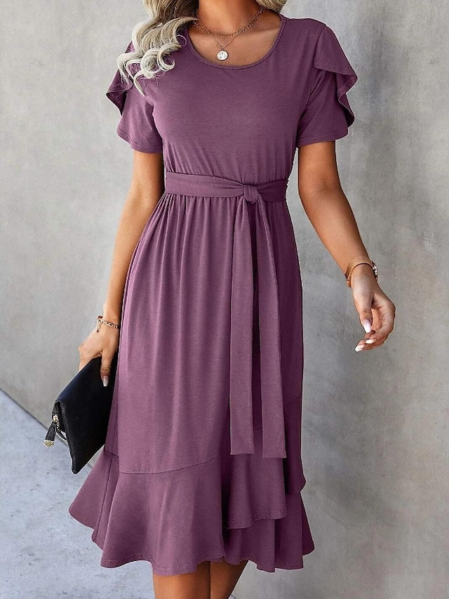 Womens Clothing Womens Dresses | Womens A Line Dress Knee Length Dress Purple Short Sleeve Solid Color Ruched Lace up Spring Sum