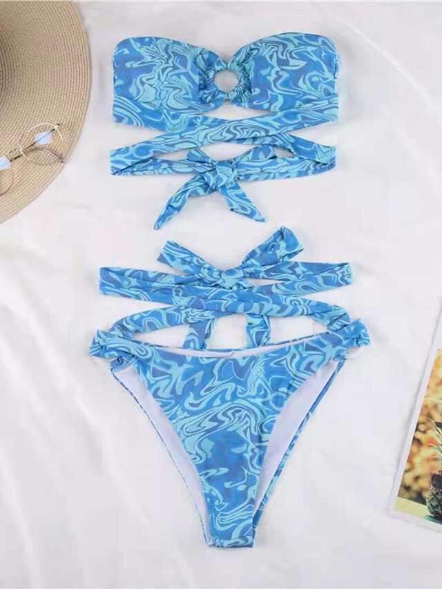 Womens Clothing Womens Swimwear | Womens Swimwear Bikini 2 Piece Normal Swimsuit Open Back Cut Out Printing Gradient Color Blue 